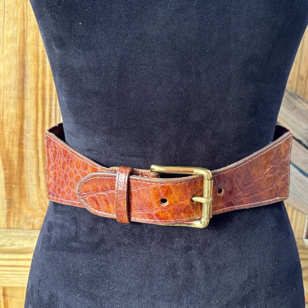 Zele’ Atlanta GA Vintage Wide Striped Fabric & Brown Crocodile Statement Belt 28